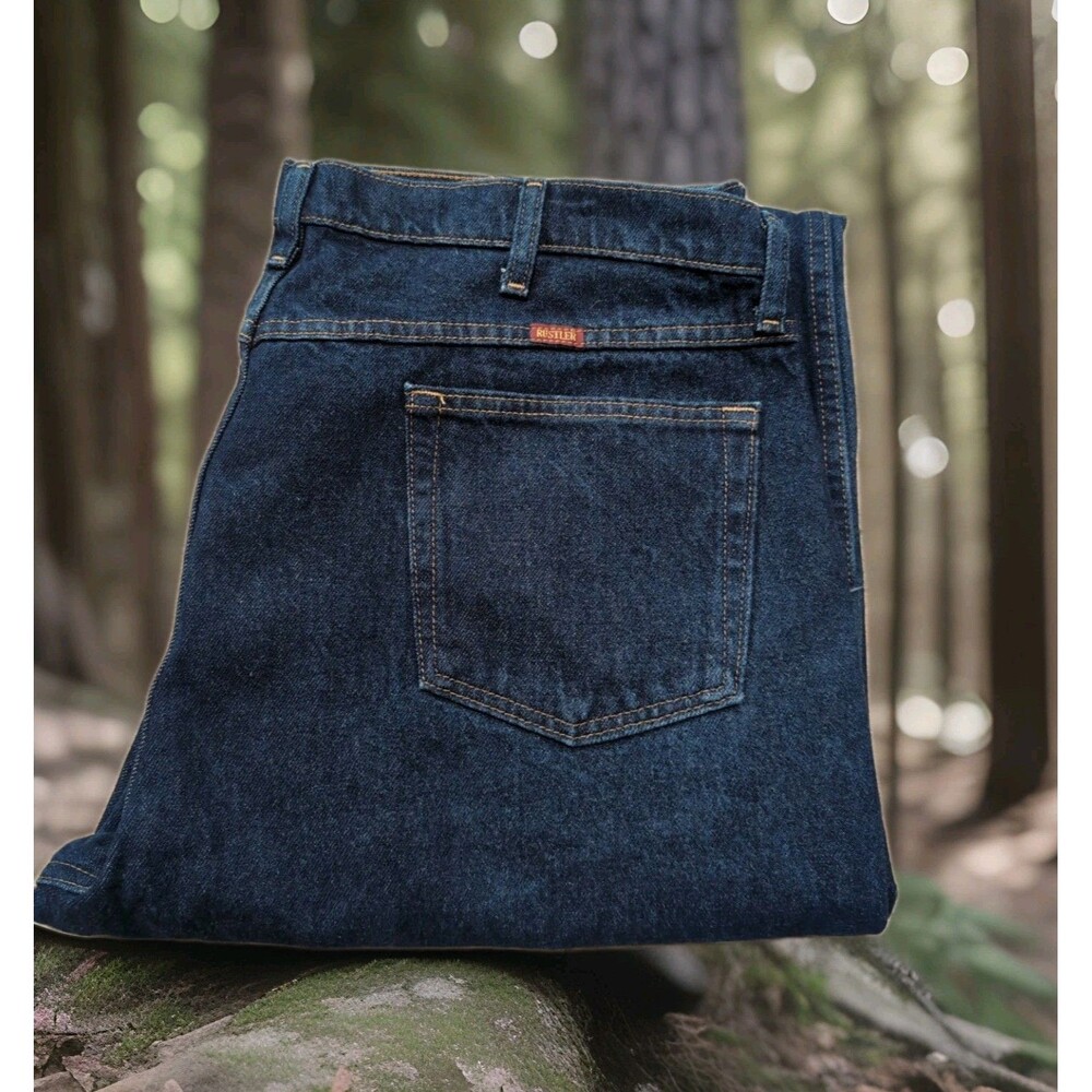 RUSTLER by WRANGLER STRAIGHT BLUE DENIM JEANS MEN'S SIZE 42 x 30 DARK WASH  EUC